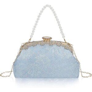 ⚡ Women's Light Blue Fabric Lace Pearl Chain Rhinestones Shoulder Clutch Bag